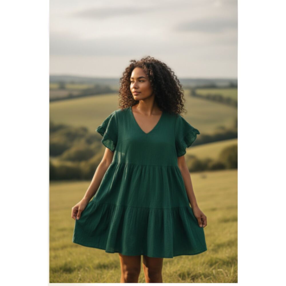 FANCYINN Size L 100% Cotton Forrest Green Tiered Peasant Dress WITH POCKETS!!